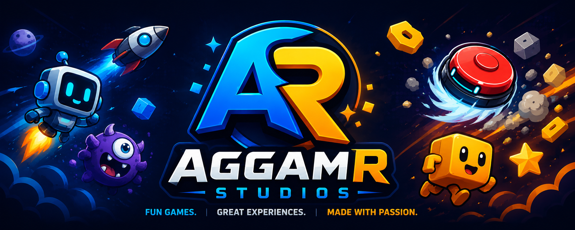 AggamR Studios artwork with a rocket, friendly robot, purple monster, and golden character around the blue and gold studio logo